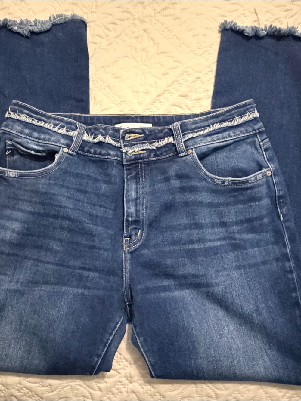 KanCan Dark Blue High-Rise Frayed Waist and frayed raw bottom hem